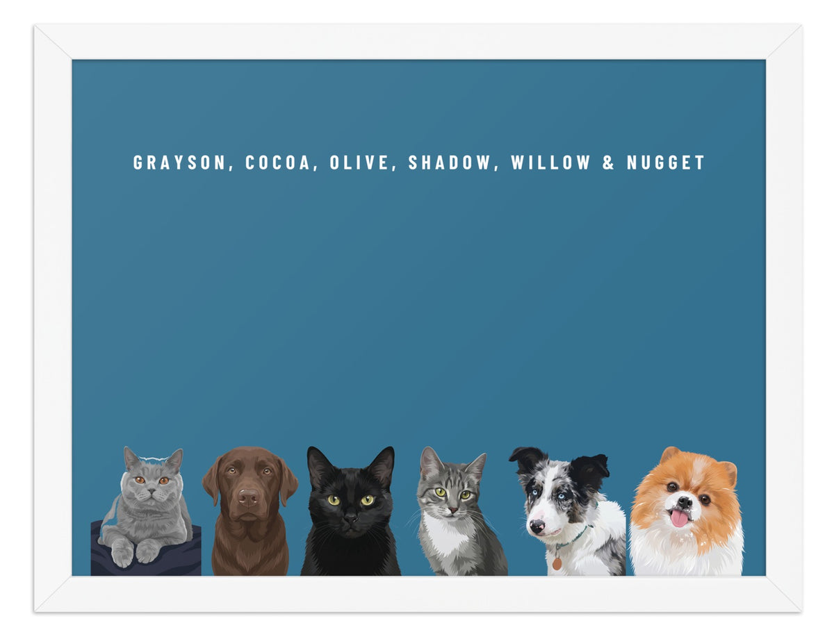 Custom Six Pet Portrait Framed Print (White): Grayson the British Shorthair cat & Cocoa the chocolate Labrador & Olive the black cat & Shadow the grey tabby cat & Willow the Border Collie & Nugget the Pomeranian on a Ocean background. [ks Frame=White; Background=Ocean]