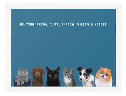 Custom Six Pet Portrait Framed Print (White): Grayson the British Shorthair cat & Cocoa the chocolate Labrador & Olive the black cat & Shadow the grey tabby cat & Willow the Border Collie & Nugget the Pomeranian on a Ocean background. [ks Frame=White; Background=Ocean]