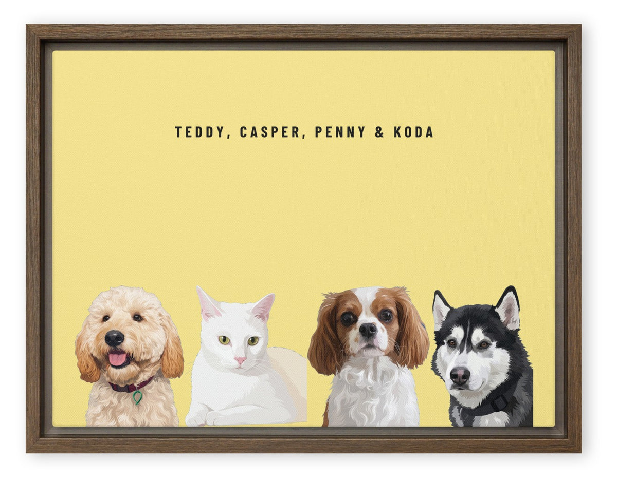 Custom Four Pet Portrait Canvas (Brown Framed Canvas): Teddy the Goldendoodle & Casper the white cat & Penny the Cavalier King Charles Spaniel & Koda the Siberian Husky on a Lemon background. [ks Style=Brown Framed Canvas; Background=Lemon]