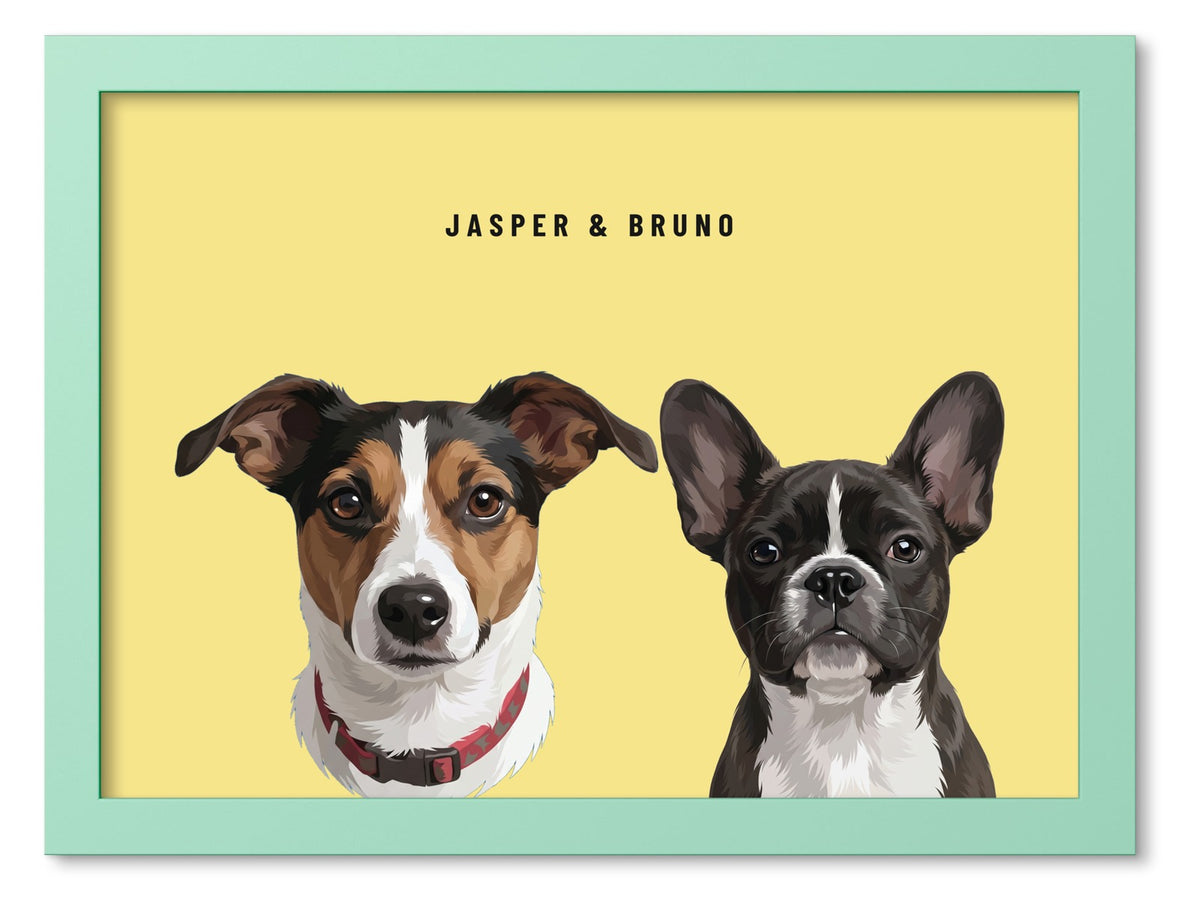 Custom Two Pet Portrait Coloured Frame Print (Mint Green): Jasper the Jack Russell Terrier & Bruno the French Bulldog on a Lemon background. [ks Frame Colour=Mint Green; Background=Lemon]