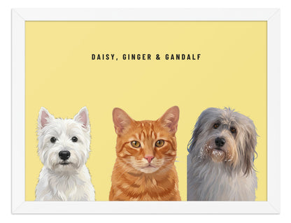 Holiday Custom Three Pet Portrait (White Frame): Daisy the West Highland White Terrier & Ginger the orange tabby cat & Gandalf the Sheepdog on a Lemon background. [ks Style=White Frame; Background=Lemon]