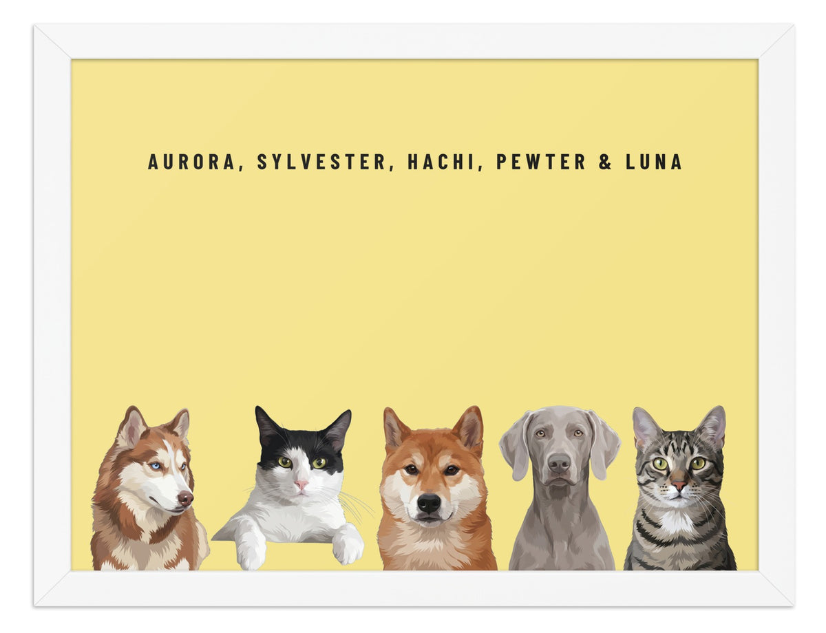 Holiday Custom Five Pet Portrait (White Frame): Aurora the Siberian Husky & Sylvester the tuxedo cat & Hachi the Shiba Inu & Pewter the Weimaraner & Luna the grey-brown tabby cat on a Lemon background. [ks Style=White Frame; Background=Lemon]