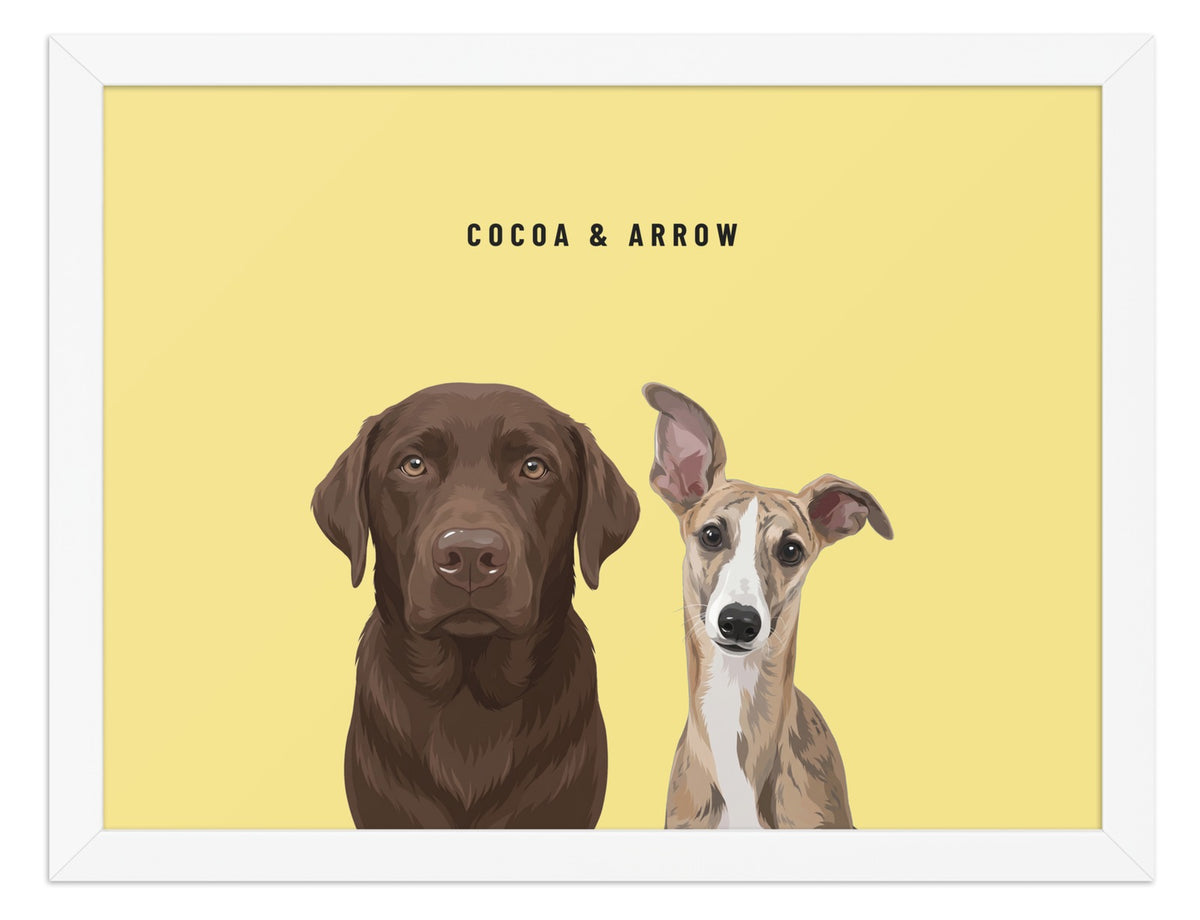 Custom Two Pet Portrait Framed Print (White): Cocoa the chocolate Labrador & Arrow the Whippet on a Lemon background. [ks Frame=White; Background=Lemon]