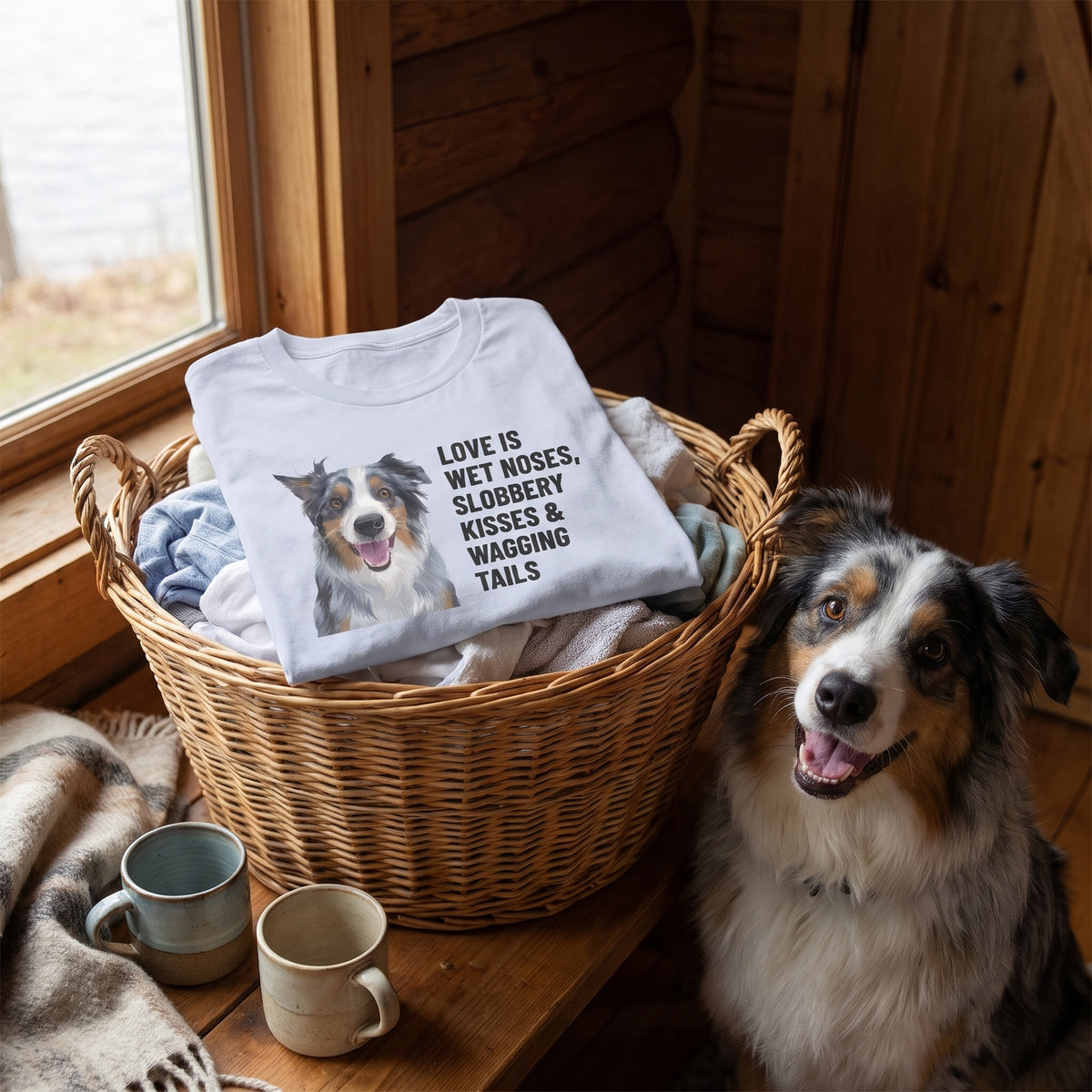 A custom pet t-shirt (Light Blue) printed with "Love Is Wet Noses, Slobbery Kisses & Wagging Tails" and an illustration of Storm the Australian Shepherd, in a lakeside cabin porch with a wool blanket and mugs, with Storm nearby. [ks Colour=Light Blue; kind=lifestyle]