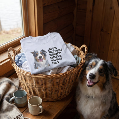 A custom pet t-shirt (Light Blue) printed with "Love Is Wet Noses, Slobbery Kisses & Wagging Tails" and an illustration of Storm the Australian Shepherd, in a lakeside cabin porch with a wool blanket and mugs, with Storm nearby. [ks Colour=Light Blue; kind=lifestyle]