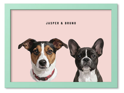 Custom Two Pet Portrait Coloured Frame Print (Mint Green): Jasper the Jack Russell Terrier & Bruno the French Bulldog on a Blush background. [ks Frame Colour=Mint Green; Background=Blush]