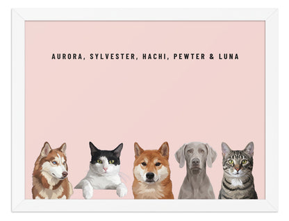 Holiday Custom Five Pet Portrait (White Frame): Aurora the Siberian Husky & Sylvester the tuxedo cat & Hachi the Shiba Inu & Pewter the Weimaraner & Luna the grey-brown tabby cat on a Blush background. [ks Style=White Frame; Background=Blush]