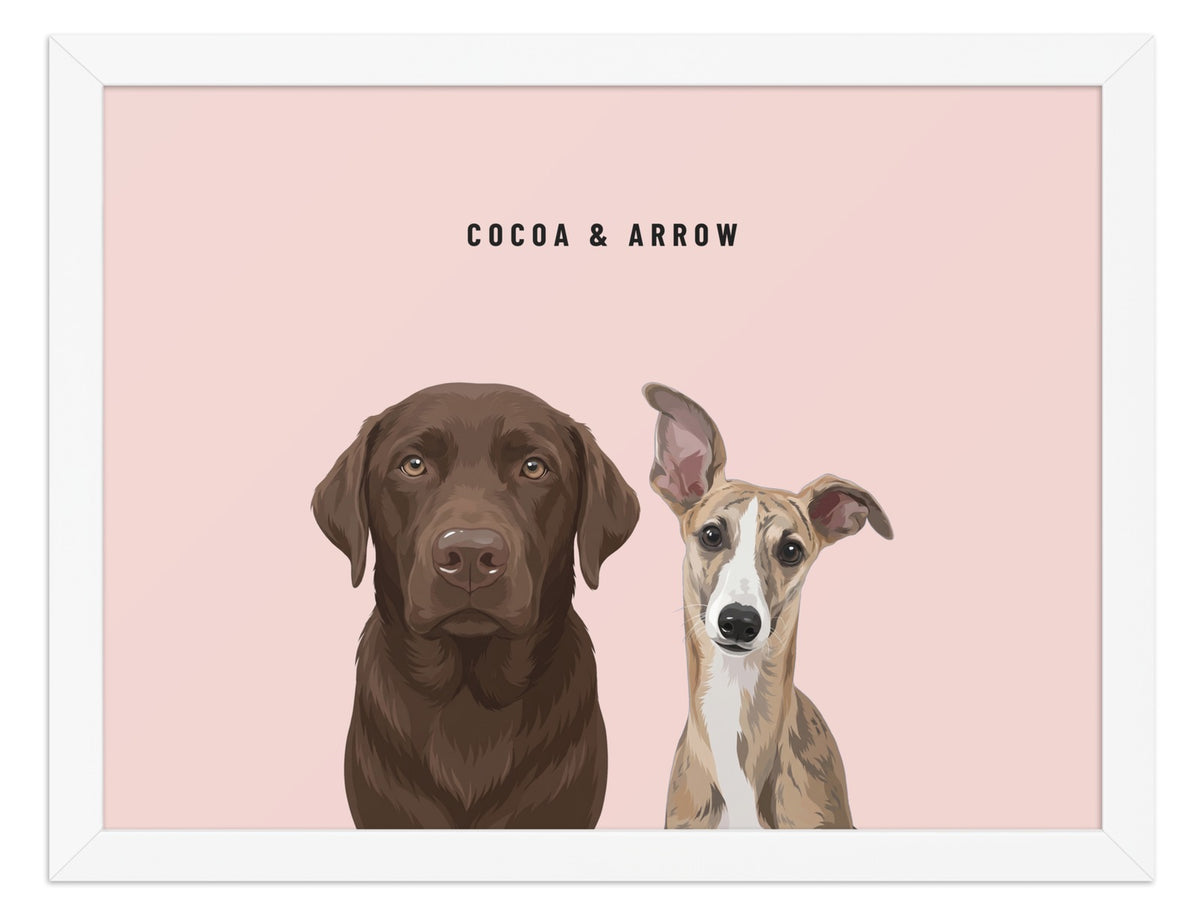 Custom Two Pet Portrait Framed Print (White): Cocoa the chocolate Labrador & Arrow the Whippet on a Blush background. [ks Frame=White; Background=Blush]