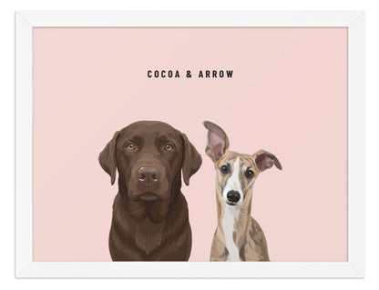 Custom Two Pet Portrait Framed Print (White): Cocoa the chocolate Labrador & Arrow the Whippet on a Blush background. [ks Frame=White; Background=Blush]