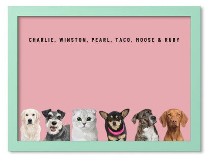 Custom Six Pet Portrait Coloured Frame Print (Mint Green): Charlie the Golden Retriever & Winston the Miniature Schnauzer & Pearl the Scottish Fold cat & Taco the Chihuahua & Moose the mixed-breed dog & Ruby the Vizsla on a Rose background. [ks Frame Colour=Mint Green; Background=Rose]