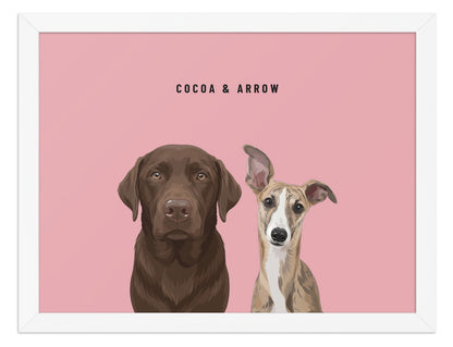 Custom Two Pet Portrait Framed Print (White): Cocoa the chocolate Labrador & Arrow the Whippet on a Rose background. [ks Frame=White; Background=Rose]