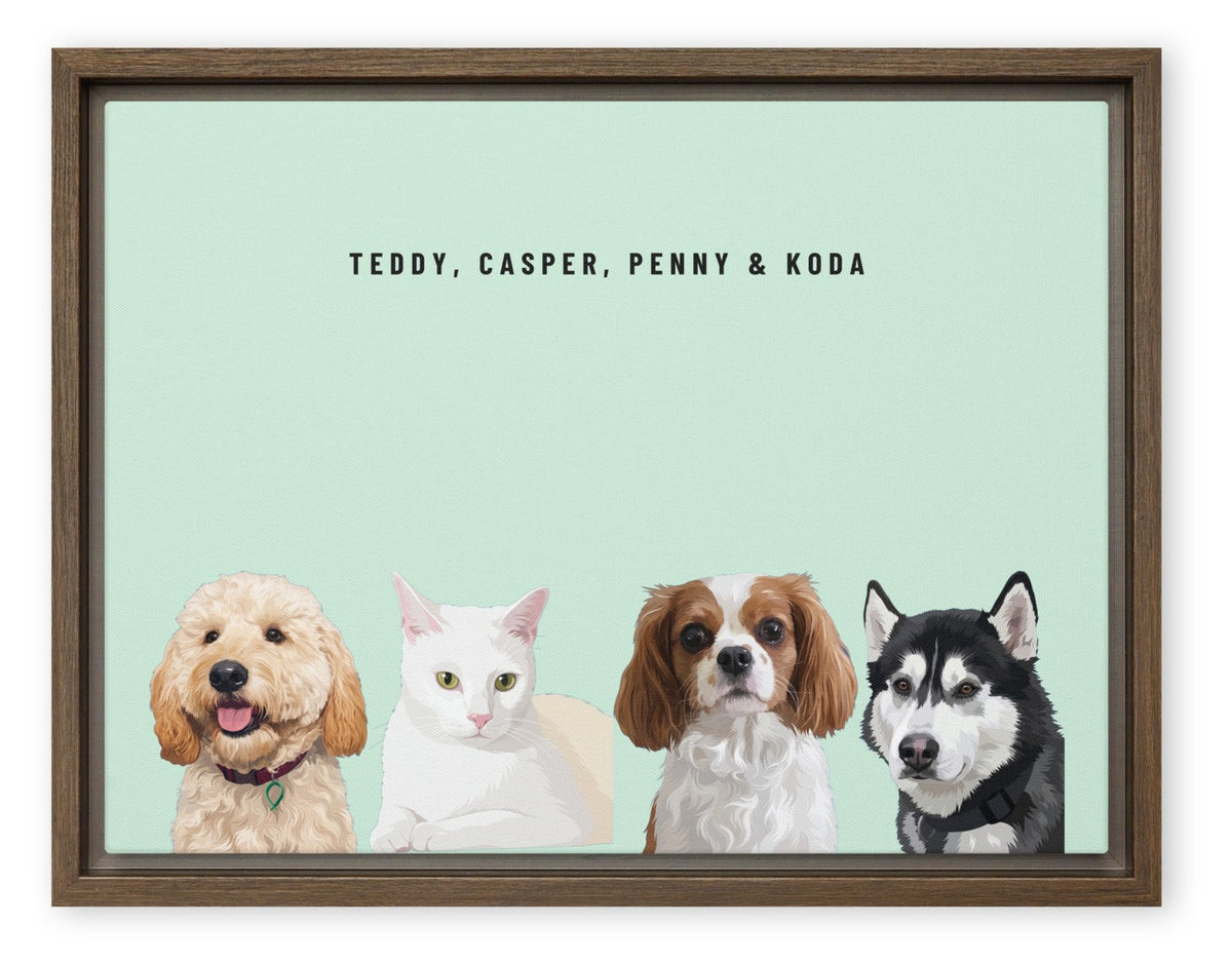 Custom Four Pet Portrait Canvas (Brown Framed Canvas): Teddy the Goldendoodle & Casper the white cat & Penny the Cavalier King Charles Spaniel & Koda the Siberian Husky on a Mint background. [ks Style=Brown Framed Canvas; Background=Mint]