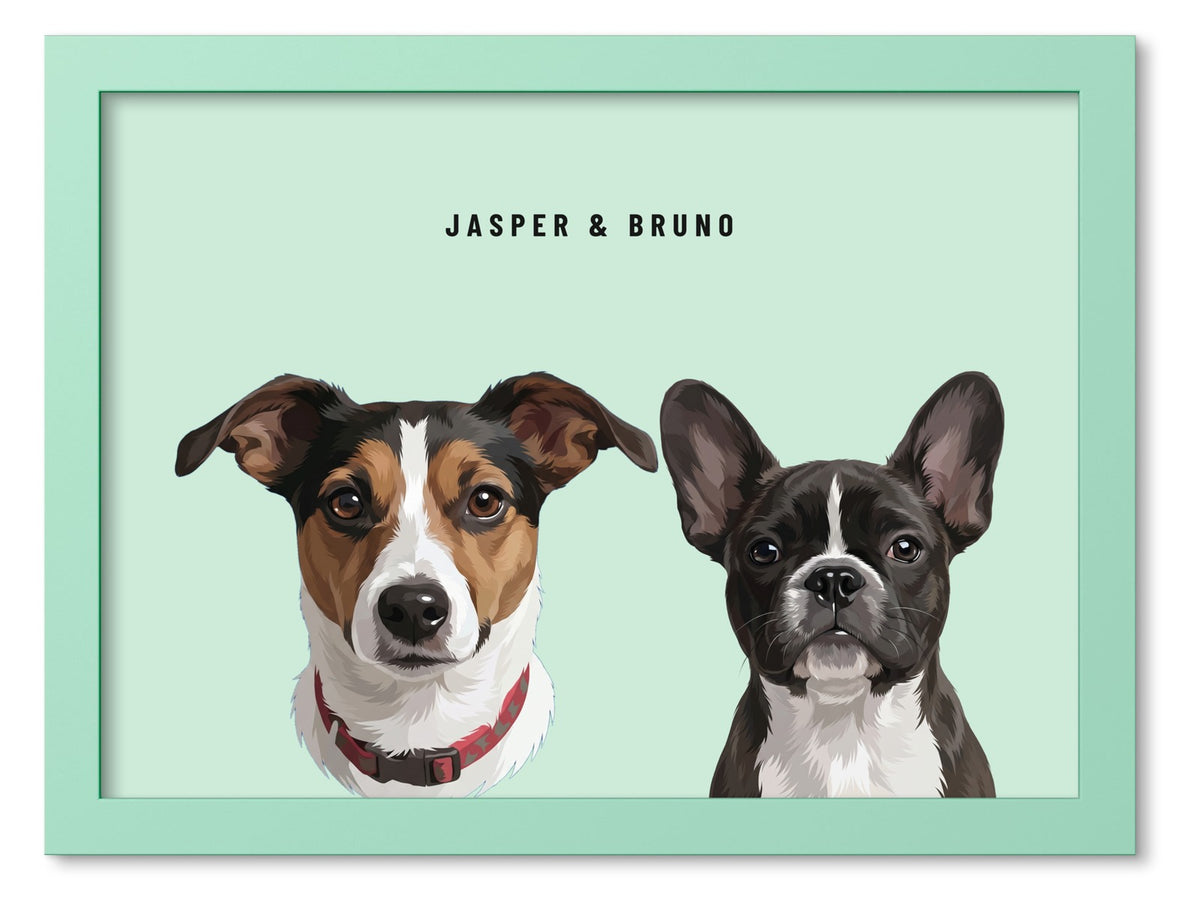 Custom Two Pet Portrait Coloured Frame Print (Mint Green): Jasper the Jack Russell Terrier & Bruno the French Bulldog on a Mint background. [ks Frame Colour=Mint Green; Background=Mint]