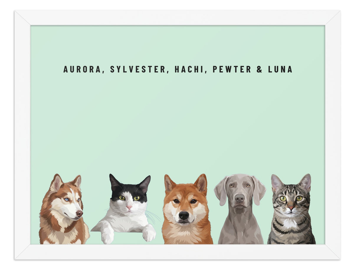 Holiday Custom Five Pet Portrait (White Frame): Aurora the Siberian Husky & Sylvester the tuxedo cat & Hachi the Shiba Inu & Pewter the Weimaraner & Luna the grey-brown tabby cat on a Mint background. [ks Style=White Frame; Background=Mint]