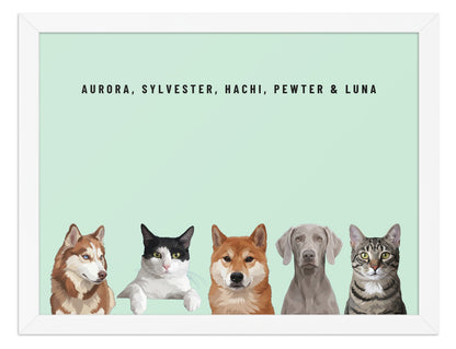 Holiday Custom Five Pet Portrait (White Frame): Aurora the Siberian Husky & Sylvester the tuxedo cat & Hachi the Shiba Inu & Pewter the Weimaraner & Luna the grey-brown tabby cat on a Mint background. [ks Style=White Frame; Background=Mint]