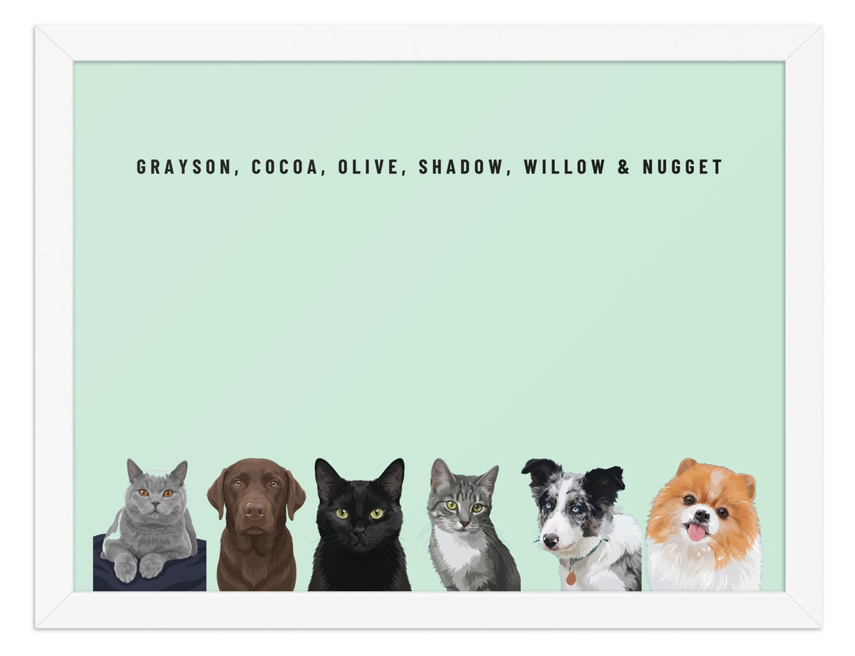 Custom Six Pet Portrait Framed Print (White): Grayson the British Shorthair cat & Cocoa the chocolate Labrador & Olive the black cat & Shadow the grey tabby cat & Willow the Border Collie & Nugget the Pomeranian on a Mint background. [ks Frame=White; Background=Mint]