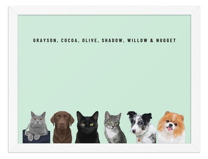 Custom Six Pet Portrait Framed Print (White): Grayson the British Shorthair cat & Cocoa the chocolate Labrador & Olive the black cat & Shadow the grey tabby cat & Willow the Border Collie & Nugget the Pomeranian on a Mint background. [ks Frame=White; Background=Mint]