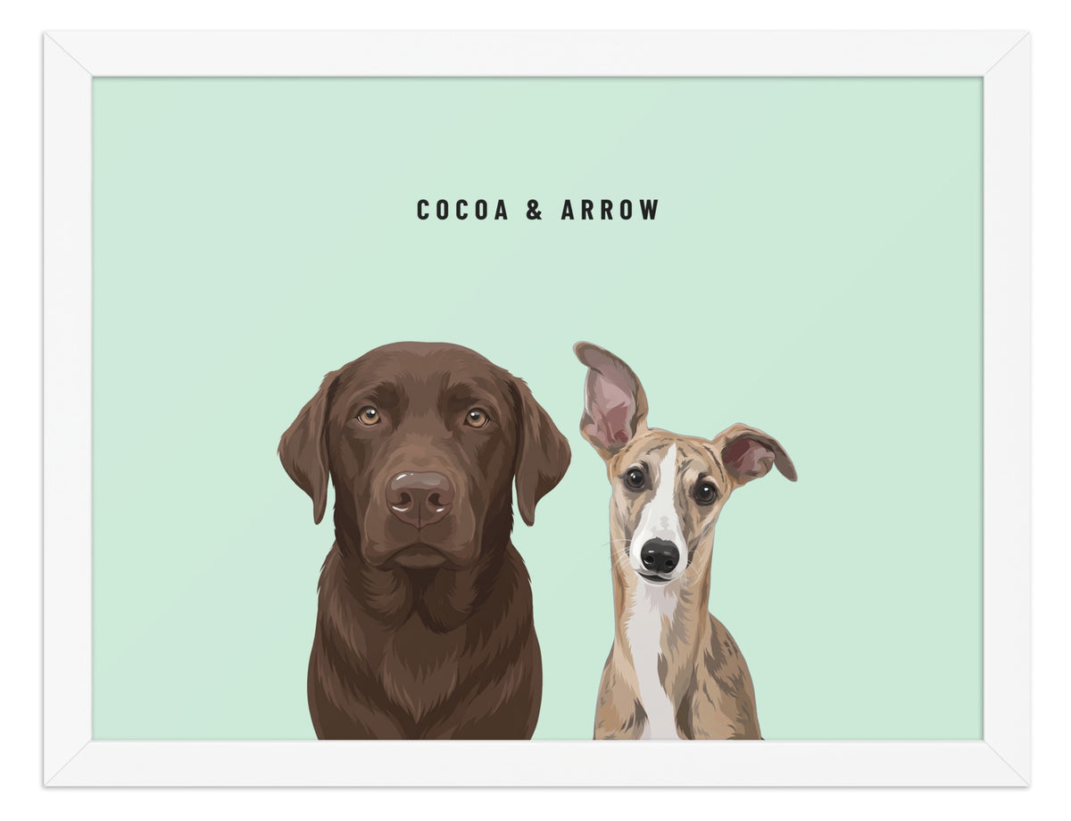 Custom Two Pet Portrait Framed Print (White): Cocoa the chocolate Labrador & Arrow the Whippet on a Mint background. [ks Frame=White; Background=Mint]