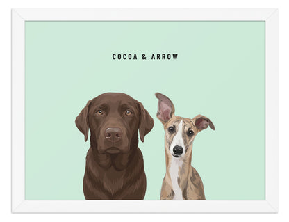 Custom Two Pet Portrait Framed Print (White): Cocoa the chocolate Labrador & Arrow the Whippet on a Mint background. [ks Frame=White; Background=Mint]