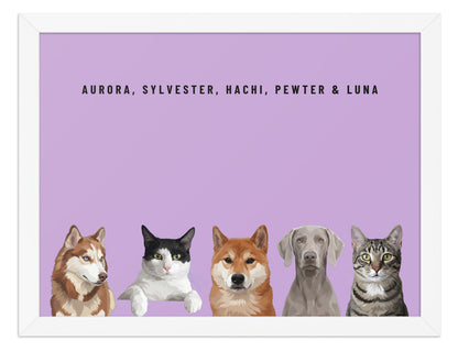 Holiday Custom Five Pet Portrait (White Frame): Aurora the Siberian Husky & Sylvester the tuxedo cat & Hachi the Shiba Inu & Pewter the Weimaraner & Luna the grey-brown tabby cat on a Orchid background. [ks Style=White Frame; Background=Orchid]