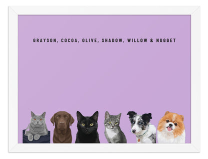Custom Six Pet Portrait Framed Print (White): Grayson the British Shorthair cat & Cocoa the chocolate Labrador & Olive the black cat & Shadow the grey tabby cat & Willow the Border Collie & Nugget the Pomeranian on a Orchid background. [ks Frame=White; Background=Orchid]