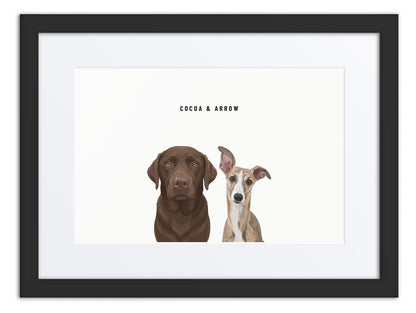 Custom Two Pet Portrait Framed Print (Black + Mat): Cocoa the chocolate Labrador & Arrow the Whippet on a White background. [ks Frame=Black + Mat; Background=White]