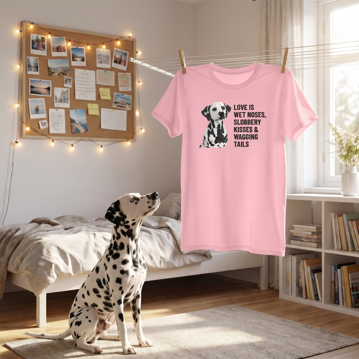 A custom pet t-shirt (Pink) printed with "Love Is Wet Noses, Slobbery Kisses & Wagging Tails" and an illustration of Dotty the Dalmatian, in a teen's bedroom with fairy lights and a pinboard, with Dotty nearby. [ks Colour=Pink; kind=lifestyle]