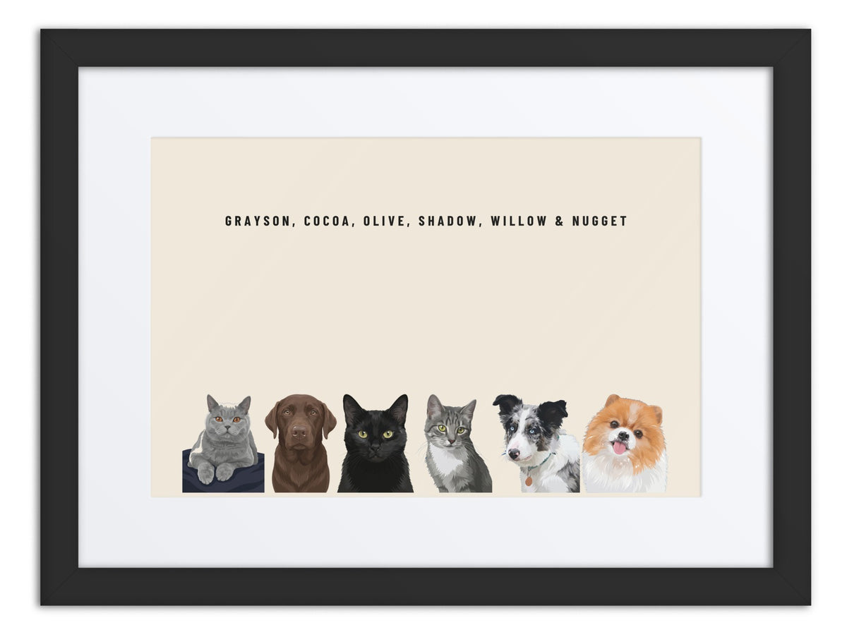 Custom Six Pet Portrait Framed Print (Black + Mat): Grayson the British Shorthair cat & Cocoa the chocolate Labrador & Olive the black cat & Shadow the grey tabby cat & Willow the Border Collie & Nugget the Pomeranian on a Cream background. [ks Frame=Black + Mat; Background=Cream]