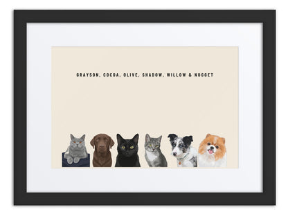 Custom Six Pet Portrait Framed Print (Black + Mat): Grayson the British Shorthair cat & Cocoa the chocolate Labrador & Olive the black cat & Shadow the grey tabby cat & Willow the Border Collie & Nugget the Pomeranian on a Cream background. [ks Frame=Black + Mat; Background=Cream]