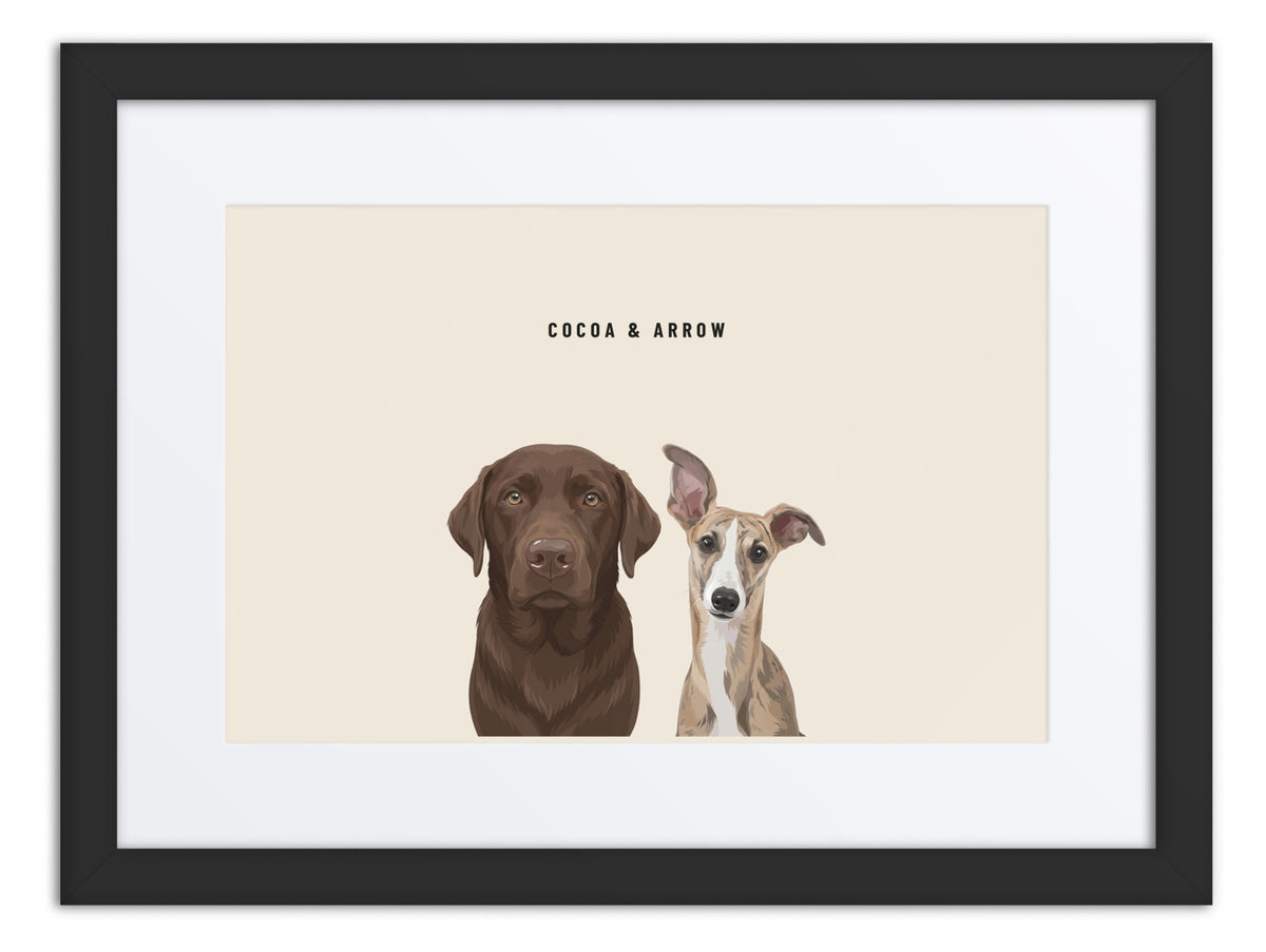 Custom Two Pet Portrait Framed Print (Black + Mat): Cocoa the chocolate Labrador & Arrow the Whippet on a Cream background. [ks Frame=Black + Mat; Background=Cream]