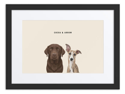 Custom Two Pet Portrait Framed Print (Black + Mat): Cocoa the chocolate Labrador & Arrow the Whippet on a Cream background. [ks Frame=Black + Mat; Background=Cream]