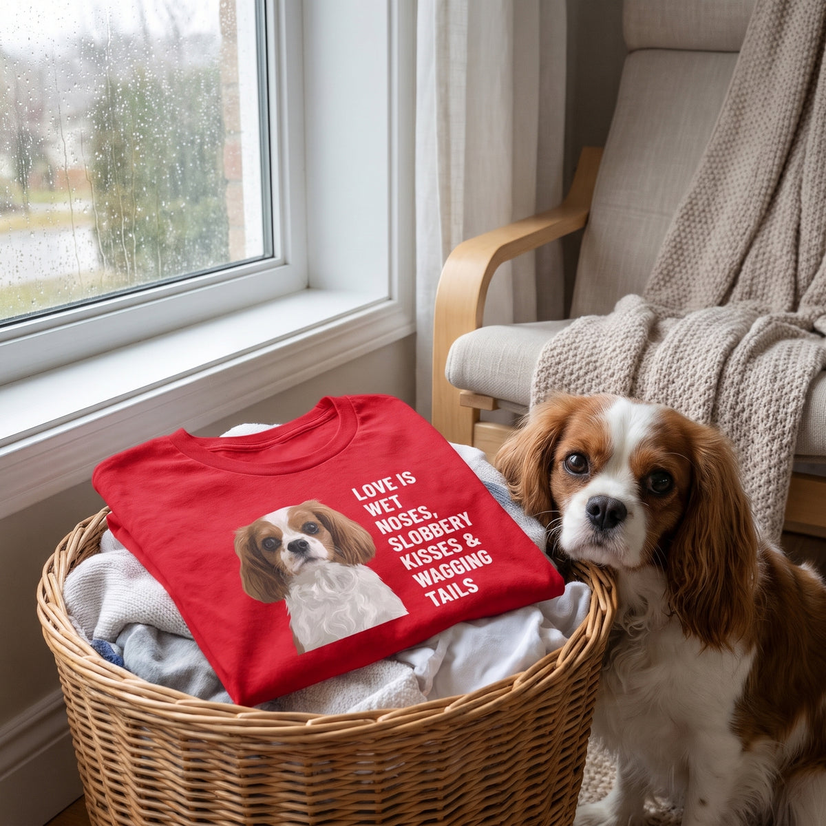 A custom pet t-shirt (Red) printed with "Love Is Wet Noses, Slobbery Kisses & Wagging Tails" and an illustration of Penny the Cavalier King Charles Spaniel, in a cosy reading chair by a rain-streaked window with a knit throw, with Penny nearby. [ks Colour=Red; kind=lifestyle]