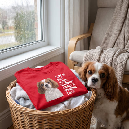 A custom pet t-shirt (Red) printed with "Love Is Wet Noses, Slobbery Kisses & Wagging Tails" and an illustration of Penny the Cavalier King Charles Spaniel, in a cosy reading chair by a rain-streaked window with a knit throw, with Penny nearby. [ks Colour=Red; kind=lifestyle]