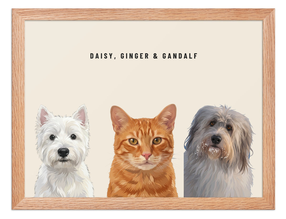 Holiday Custom Three Pet Portrait (Oak Frame): Daisy the West Highland White Terrier & Ginger the orange tabby cat & Gandalf the Sheepdog on a Cream background. [ks Style=Oak Frame; Background=Cream]