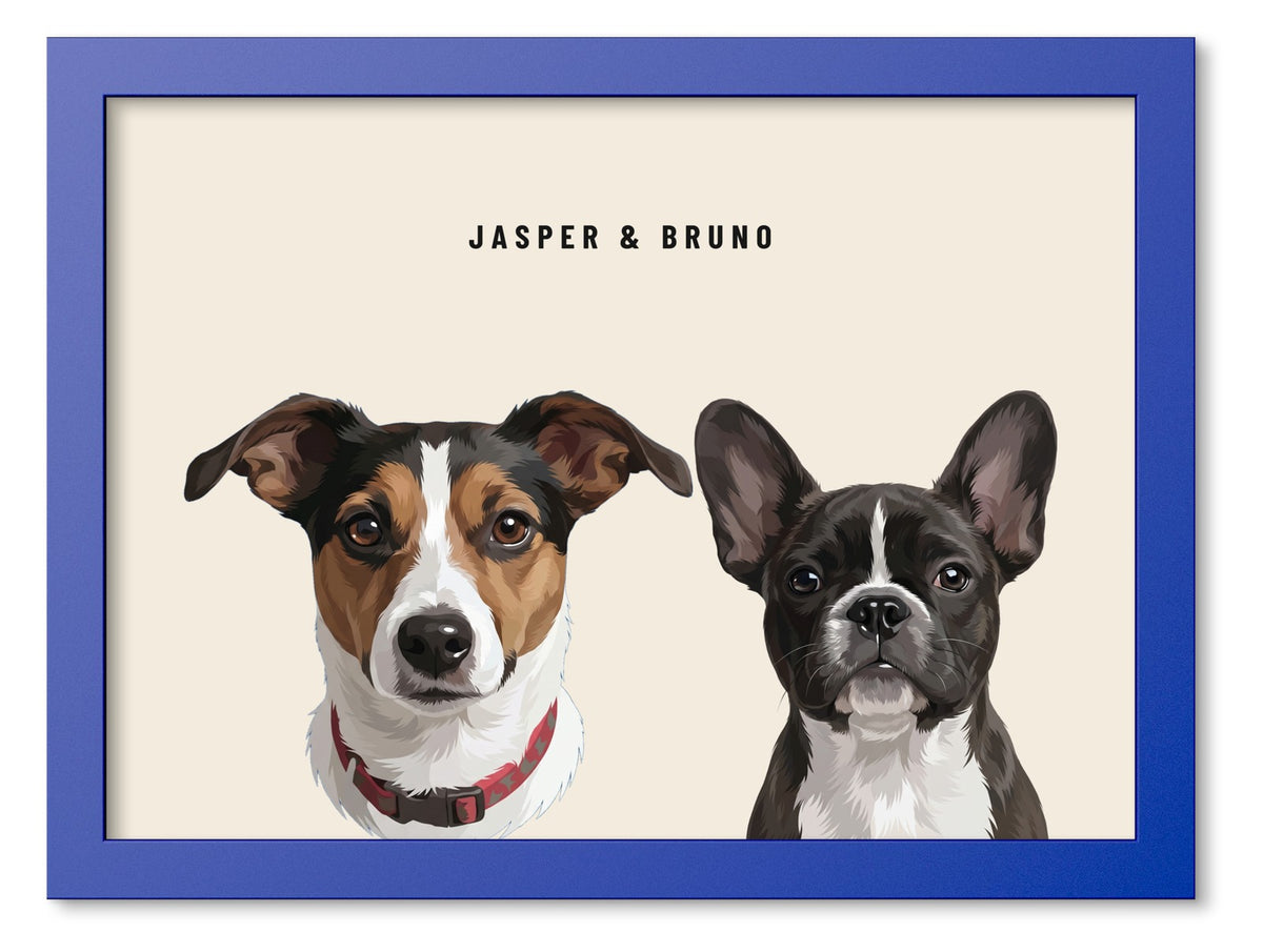 Custom Two Pet Portrait Coloured Frame Print (Ocean Blue): Jasper the Jack Russell Terrier & Bruno the French Bulldog on a Cream background. [ks Frame Colour=Ocean Blue; Background=Cream]
