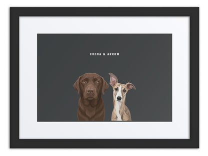 Custom Two Pet Portrait Framed Print (Black + Mat): Cocoa the chocolate Labrador & Arrow the Whippet on a Charcoal background. [ks Frame=Black + Mat; Background=Charcoal]