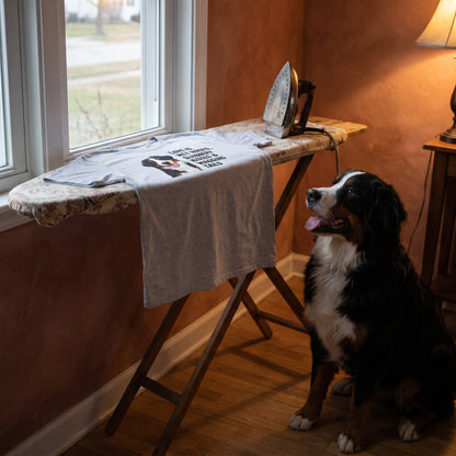 A custom pet t-shirt (Athletic Heather) printed with "Love Is Wet Noses, Slobbery Kisses & Wagging Tails" and an illustration of Bear the Bernese Mountain Dog, in a moody dining room with a terracotta limewash wall and evening lamp light, with Bear nearby. [ks Colour=Athletic Heather; kind=lifestyle]
