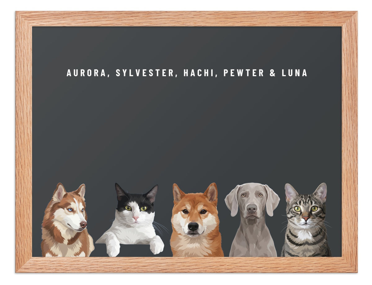 Holiday Custom Five Pet Portrait (Oak Frame): Aurora the Siberian Husky & Sylvester the tuxedo cat & Hachi the Shiba Inu & Pewter the Weimaraner & Luna the grey-brown tabby cat on a Charcoal background. [ks Style=Oak Frame; Background=Charcoal]