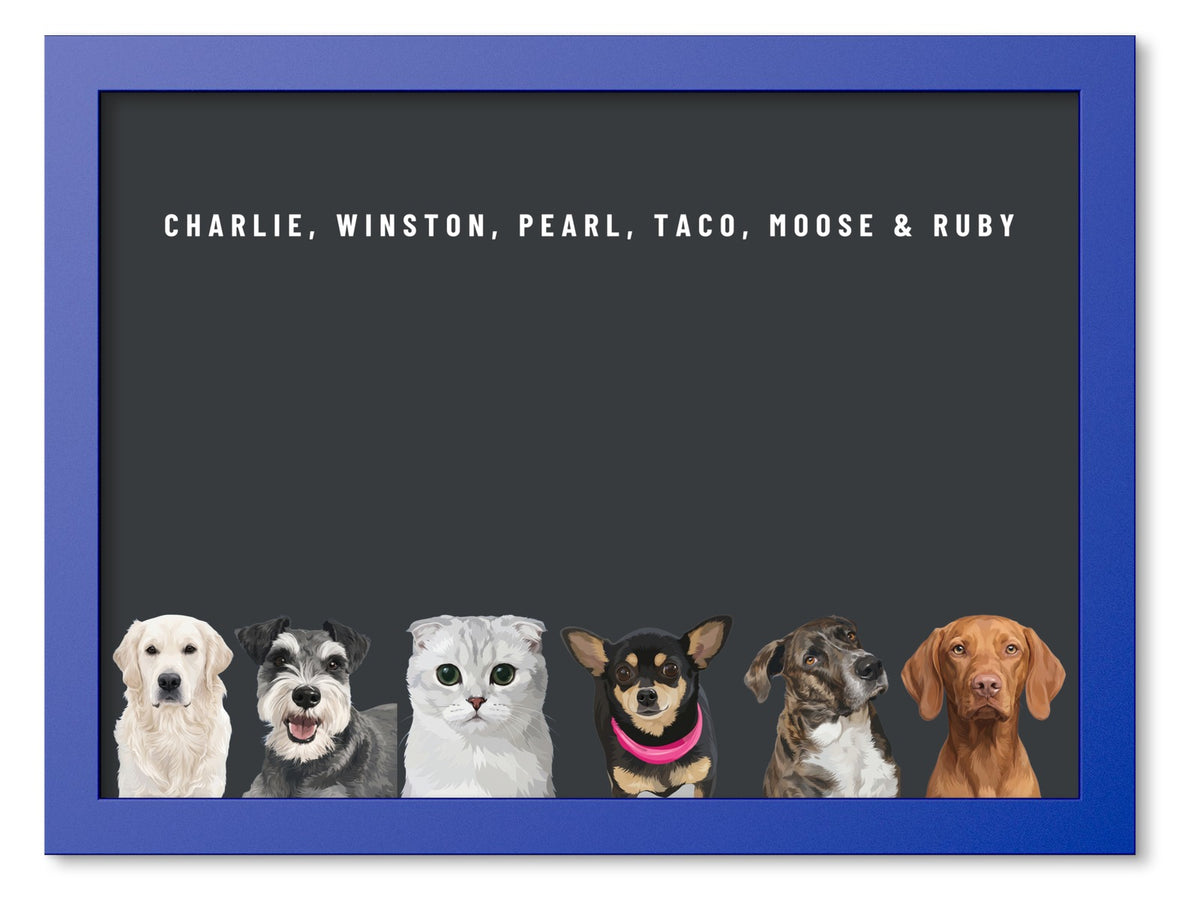Custom Six Pet Portrait Coloured Frame Print (Ocean Blue): Charlie the Golden Retriever & Winston the Miniature Schnauzer & Pearl the Scottish Fold cat & Taco the Chihuahua & Moose the mixed-breed dog & Ruby the Vizsla on a Charcoal background. [ks Frame Colour=Ocean Blue; Background=Charcoal]