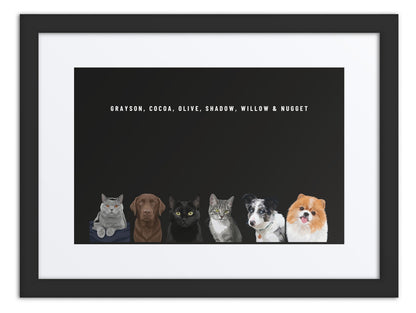 Custom Six Pet Portrait Framed Print (Black + Mat): Grayson the British Shorthair cat & Cocoa the chocolate Labrador & Olive the black cat & Shadow the grey tabby cat & Willow the Border Collie & Nugget the Pomeranian on a Obsidian background. [ks Frame=Black + Mat; Background=Obsidian]