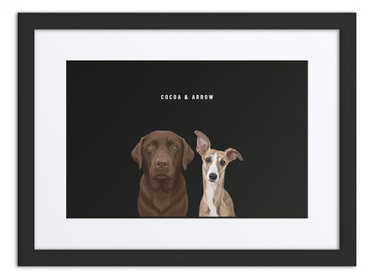 Custom Two Pet Portrait Framed Print (Black + Mat): Cocoa the chocolate Labrador & Arrow the Whippet on a Obsidian background. [ks Frame=Black + Mat; Background=Obsidian]