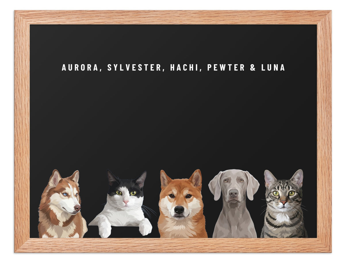 Holiday Custom Five Pet Portrait (Oak Frame): Aurora the Siberian Husky & Sylvester the tuxedo cat & Hachi the Shiba Inu & Pewter the Weimaraner & Luna the grey-brown tabby cat on a Obsidian background. [ks Style=Oak Frame; Background=Obsidian]