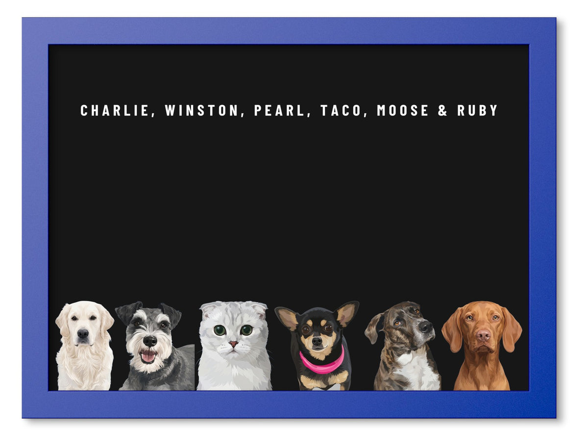 Custom Six Pet Portrait Coloured Frame Print (Ocean Blue): Charlie the Golden Retriever & Winston the Miniature Schnauzer & Pearl the Scottish Fold cat & Taco the Chihuahua & Moose the mixed-breed dog & Ruby the Vizsla on a Obsidian background. [ks Frame Colour=Ocean Blue; Background=Obsidian]