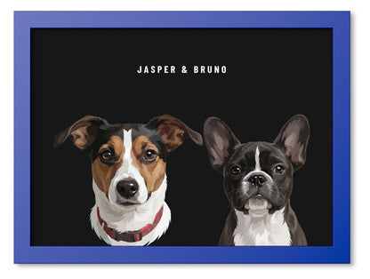 Custom Two Pet Portrait Coloured Frame Print (Ocean Blue): Jasper the Jack Russell Terrier & Bruno the French Bulldog on a Obsidian background. [ks Frame Colour=Ocean Blue; Background=Obsidian]