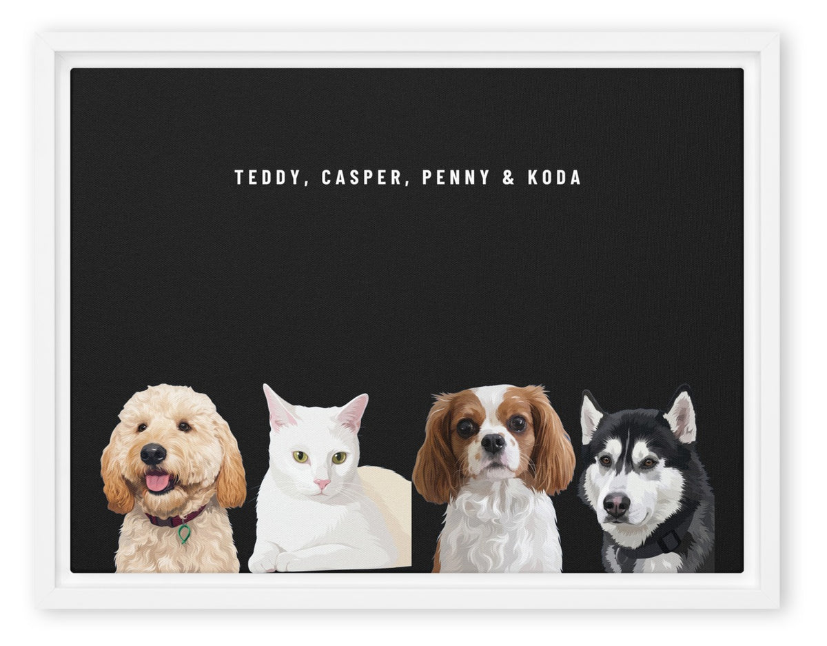 Custom Four Pet Portrait Canvas (White Framed Canvas): Teddy the Goldendoodle & Casper the white cat & Penny the Cavalier King Charles Spaniel & Koda the Siberian Husky on a Obsidian background. [ks Style=White Framed Canvas; Background=Obsidian]