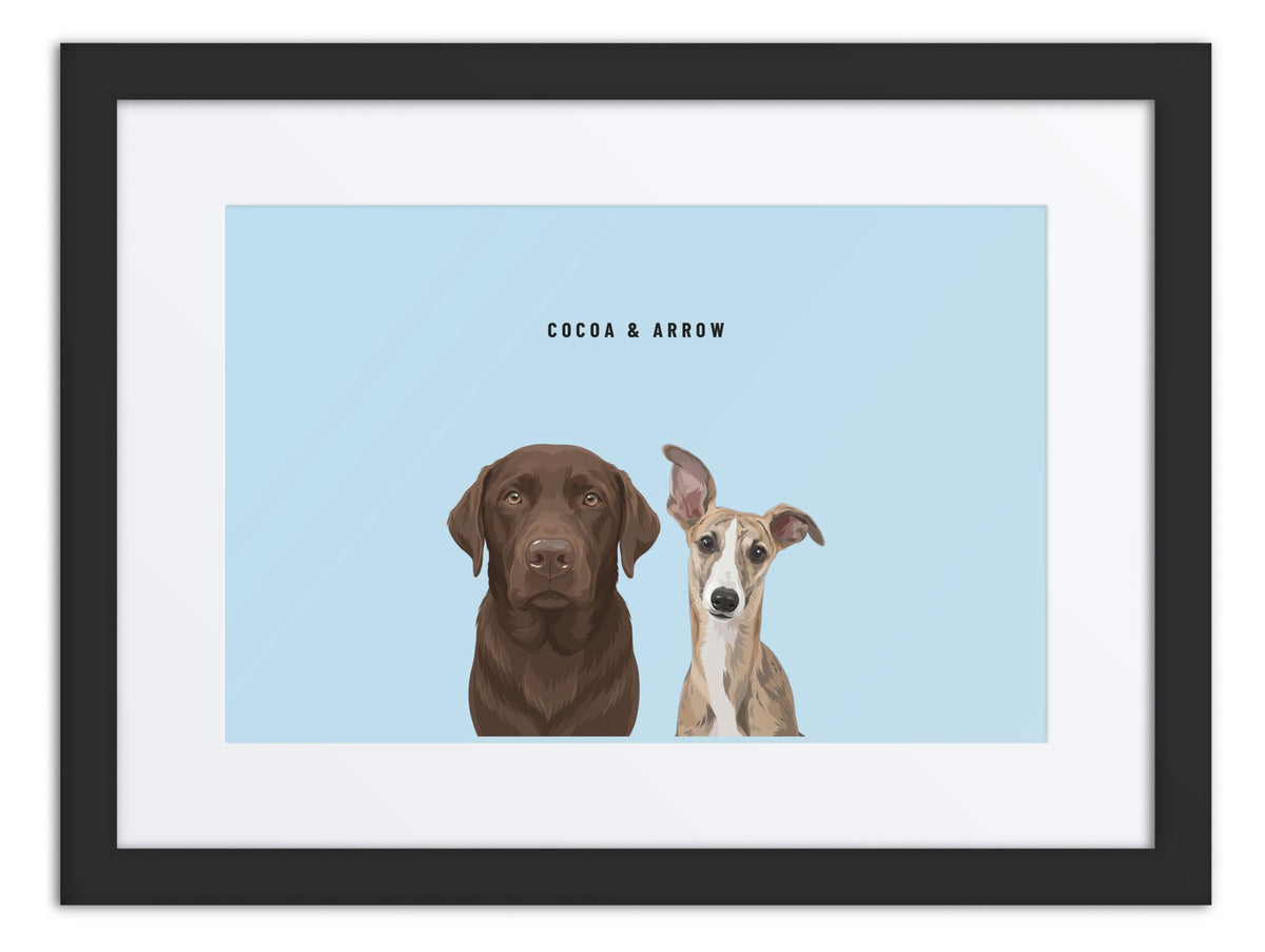 Custom Two Pet Portrait Framed Print (Black + Mat): Cocoa the chocolate Labrador & Arrow the Whippet on a Sky background. [ks Frame=Black + Mat; Background=Sky]