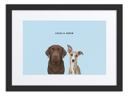 Custom Two Pet Portrait Framed Print (Black + Mat): Cocoa the chocolate Labrador & Arrow the Whippet on a Sky background. [ks Frame=Black + Mat; Background=Sky]