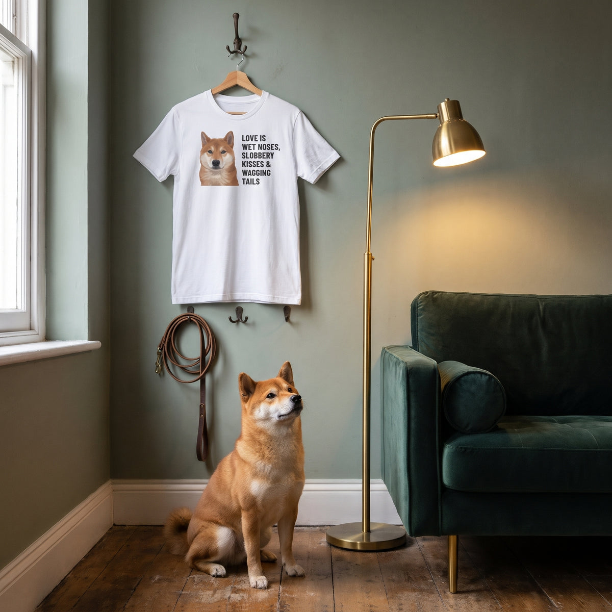 A custom pet t-shirt (White) printed with "Love Is Wet Noses, Slobbery Kisses & Wagging Tails" and an illustration of Hachi the Shiba Inu, in a dark-green velvet sofa corner with brass lamps, with Hachi nearby. [ks Colour=White; kind=lifestyle]