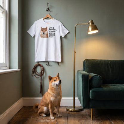 A custom pet t-shirt (White) printed with "Love Is Wet Noses, Slobbery Kisses & Wagging Tails" and an illustration of Hachi the Shiba Inu, in a dark-green velvet sofa corner with brass lamps, with Hachi nearby. [ks Colour=White; kind=lifestyle]