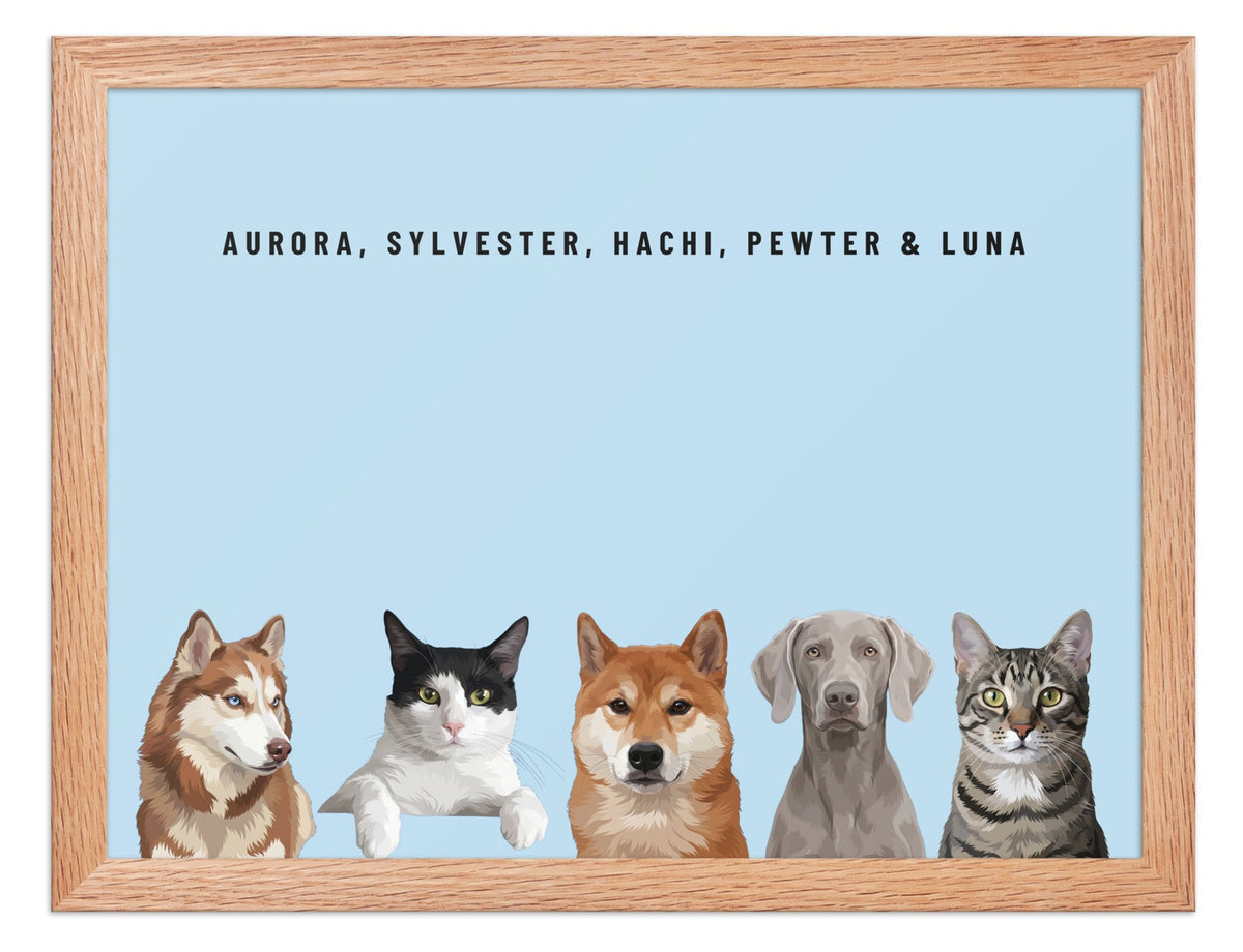 Holiday Custom Five Pet Portrait (Oak Frame): Aurora the Siberian Husky & Sylvester the tuxedo cat & Hachi the Shiba Inu & Pewter the Weimaraner & Luna the grey-brown tabby cat on a Sky background. [ks Style=Oak Frame; Background=Sky]